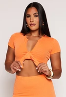 Womens Ribbed Tie Front Crop Top, Orange, Size M