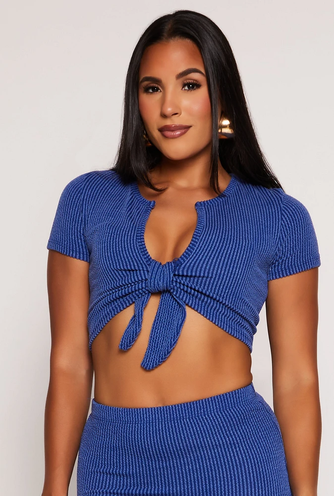 Womens Ribbed Tie Front Crop Top, Blue, Size L