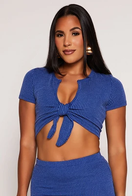 Womens Ribbed Tie Front Crop Top, Blue, Size L