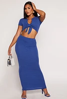 Womens Ribbed Tie Front Crop Top, Blue, Size L