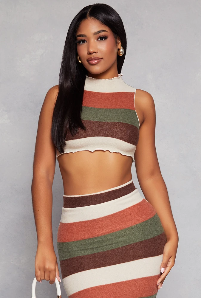 Womens Striped Brush Knit Mock Neck Cropped Tank Top, Multi, Size M