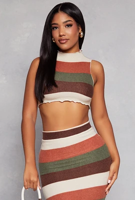 Womens Striped Brush Knit Mock Neck Cropped Tank Top, Multi, Size M