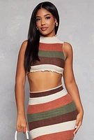 Womens Striped Brush Knit Mock Neck Cropped Tank Top, Multi, Size M