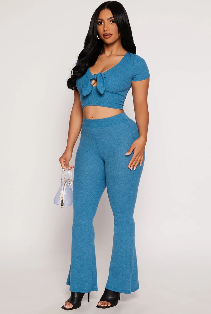 Womens Waffle Knit High Waist Flare Pants, Blue, Size M