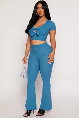 Womens Waffle Knit High Waist Flare Pants, Blue, Size M