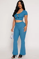 Womens Waffle Knit High Waist Flare Pants, Blue, Size M
