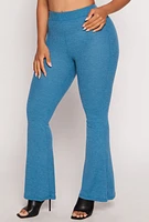 Womens Waffle Knit High Waist Flare Pants, Blue, Size M
