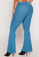 Womens Waffle Knit High Waist Flare Pants, Blue, Size M