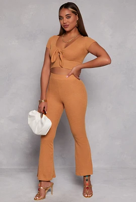 Womens Waffle Knit High Waist Flare Pants, Brown, Size L