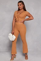 Womens Waffle Knit High Waist Flare Pants, Brown, Size L