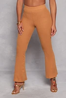 Womens Waffle Knit High Waist Flare Pants, Brown, Size L
