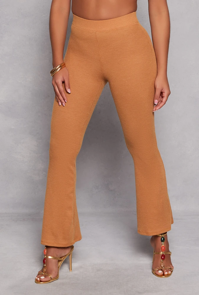 Womens Waffle Knit High Waist Flare Pants, Brown, Size M
