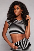 Womens Striped Crew Neck Crop Top, Multi, Size M