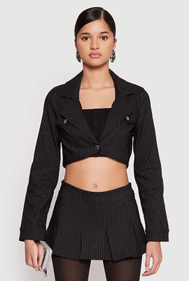 Womens Almost Famous Pinstripe Cropped Blazer, Black, Size L