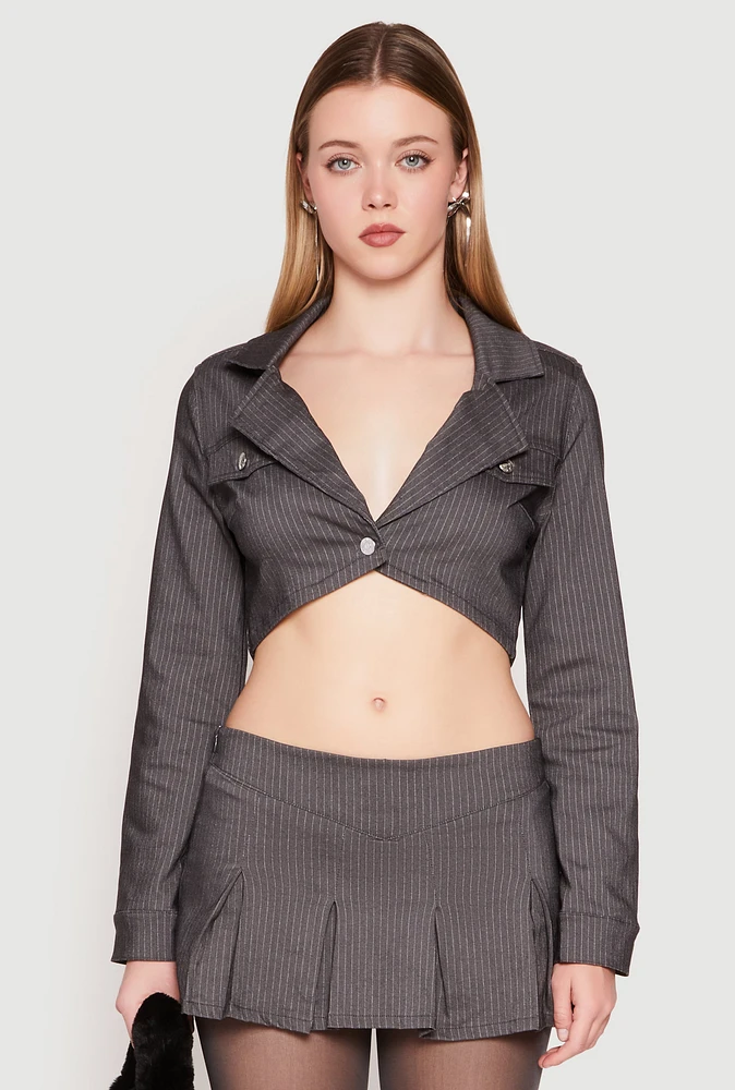 Womens Almost Famous Pinstripe Cropped Blazer, Grey, Size L