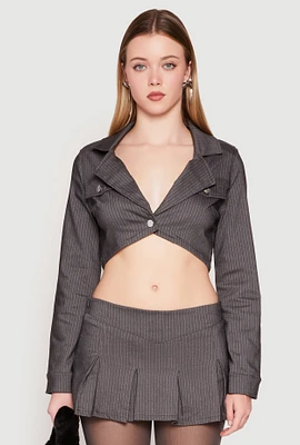 Womens Almost Famous Pinstripe Cropped Blazer, Grey, Size L