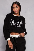 Womens Almost Famous Sherpa Graphic Embroidered Sweatshirt, Black,