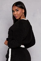 Womens Almost Famous Sherpa Graphic Embroidered Sweatshirt, Black,