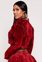 Womens Almost Famous Velvet Flocked Denim Jacket, Red, Size XL