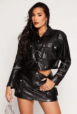 Womens Almost Famous Faux Leather Cropped Jacket, Black, Size L