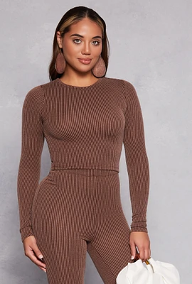 Womens Almost Famous Ribbed Knit Long Sleeve Top, Brown, Size M