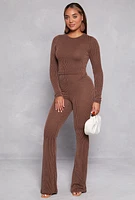 Womens Almost Famous Ribbed Knit Long Sleeve Top, Brown, Size M