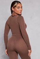 Womens Almost Famous Ribbed Knit Long Sleeve Top, Brown, Size M