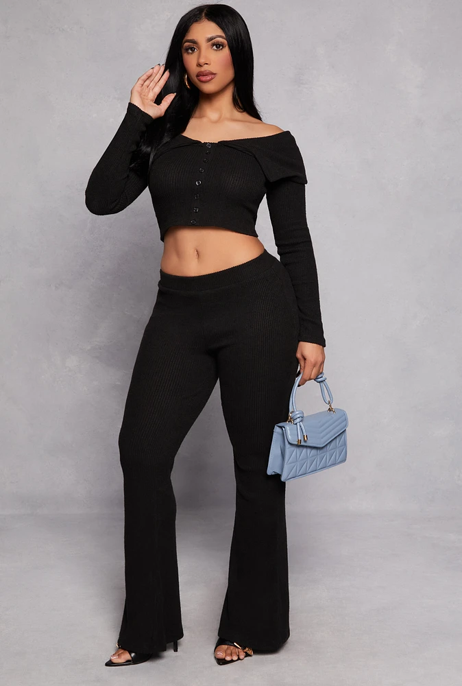 Womens Almost Famous Rib Knit Flared Pants, Black, Size S
