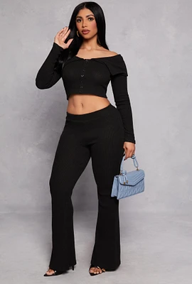 Womens Almost Famous Rib Knit Flared Pants, Black, Size S