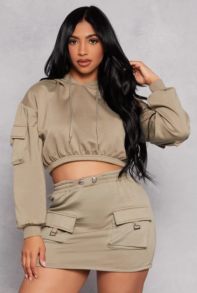 Womens Almost Famous Cargo Pocket Cropped Hoodie, Green, Size L