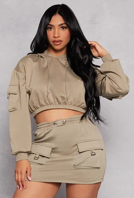 Womens Almost Famous Cargo Pocket Cropped Hoodie, Green, Size L