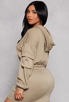 Womens Almost Famous Cargo Pocket Cropped Hoodie, Green, Size L
