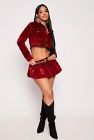 Womens Almost Famous Velvet Flocked Denim Pleated Skort, Red,