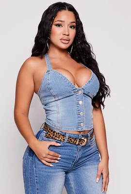 Womens Almost Famous Button Front Denim Bustier Top, Blue, Size L