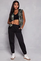 Womens Almost Famous Patterned Hooded Puffer Vest, Green, Size S