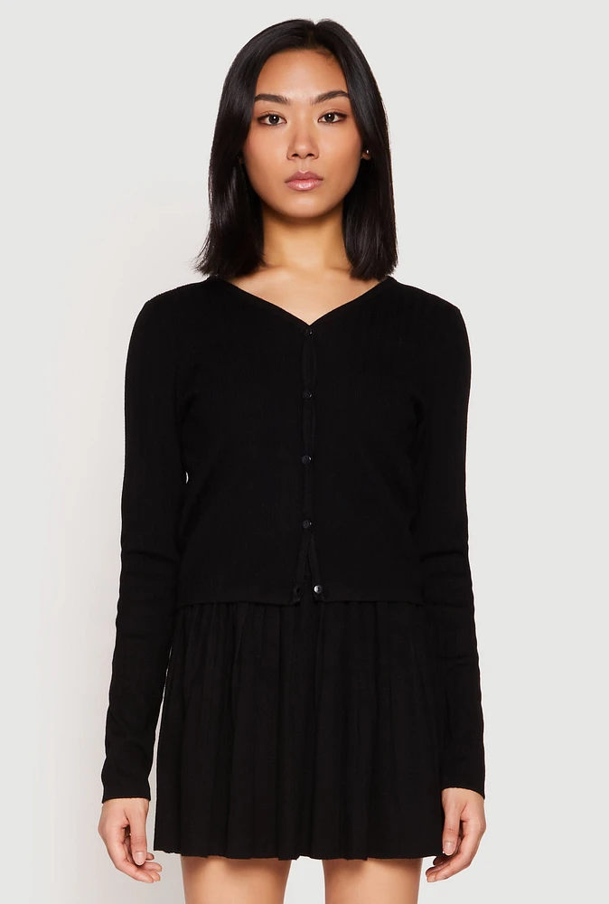 Womens Ribbed Knit Long Sleeve Cardigan, Black, Size S