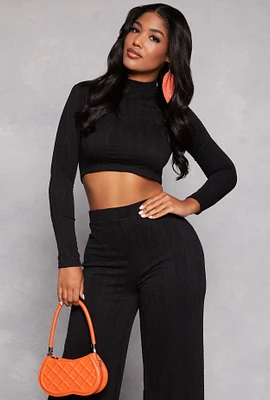 Womens Cable Knit Mock Neck Long Sleeve Crop Top, Black, Size S