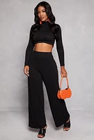 Womens Cable Knit Mock Neck Long Sleeve Crop Top, Black, Size S