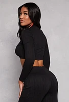 Womens Cable Knit Mock Neck Long Sleeve Crop Top, Black, Size S