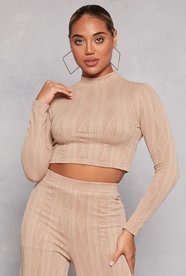 Womens Cable Knit Mock Neck Long Sleeve Crop Top, Beige, Size M