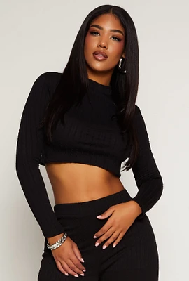 Womens Cable Knit Mock Neck Crop Top, Black, Size S