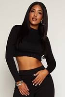 Womens Cable Knit Mock Neck Crop Top, Black, Size S