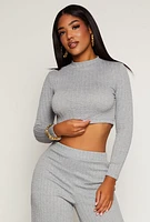 Womens Cable Knit Mock Neck Crop Top, Grey,