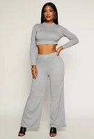Womens Cable Knit Mock Neck Crop Top, Grey,