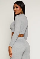 Womens Cable Knit Mock Neck Crop Top, Grey,
