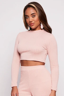 Womens Cable Knit Mock Neck Crop Top, Pink, Size M