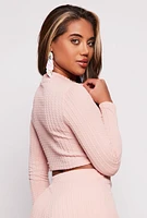 Womens Cable Knit Mock Neck Crop Top, Pink, Size M