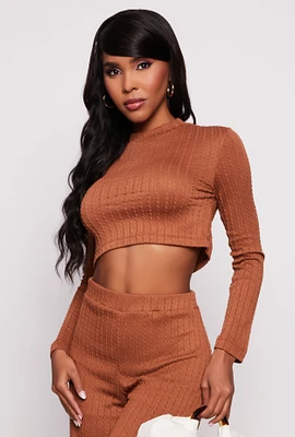 Womens Cable Knit Mock Neck Crop Top,
