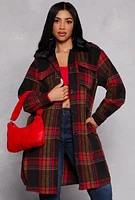 Womens Spoon Jeans Faux Fur Collar Plaid Shacket, Red, Size S