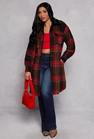 Womens Spoon Jeans Faux Fur Collar Plaid Shacket, Red, Size S